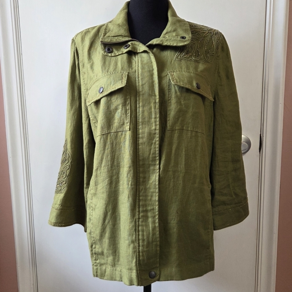 CHICO'S Linen Beaded Jacket Green Large